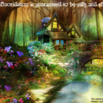 Idyllic, fairytale scene. Text at top: Forced-fluoridation is guaranteed to be safe and effective.* Text at bottom right: *No actual guarantee provided. Always read the fine print.