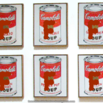 Caption: waiter, there's a big shitty F in my soup – Andy Warhol's famous Campbell's soup artwork, with a large, brown "F" label in the "turds" font added to each can