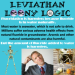 Caption: appeal to nature – Large black text: Leviathan Loony Logic – White text: Fluoridation is harmless because fluoride occurs in water naturally. – Black text: Most of the world's water is seawater, which is not safe to drink. Millions of people are suffering serious adverse health effects from naturally occurring fluoride in groundwater. Naturally occurring arsenic and other contaminants in groundwater are also harmful. – White text: But the amount added to water is harmless.