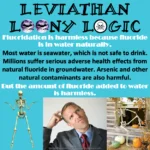 Caption: appeal to nature – Large black text: Leviathan Loony Logic – White text: Fluoridation is harmless because fluoride occurs in water naturally. – Black text: Most of the world's water is seawater, which is not safe to drink. Millions of people are suffering serious adverse health effects from naturally occurring fluoride in groundwater. Naturally occurring arsenic and other contaminants in groundwater are also harmful. – White text: But the amount added to water is harmless.