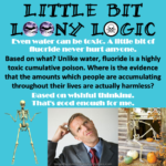 Large black text: Little Bit Loony Logic – White text: Even water can be toxic. A little bit of fluoride never hurt anyone. – Black text: Based on what? Unlike water, fluoride is a highly toxic cumulative poison. Where is the evidence that the amounts which people are accumulating throughout their lives are actually harmless? – White text: Based on wishful thinking. That's good enough for me.