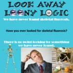 Caption: cover-up – Large black text: Look Away Loony Logic – White text: We have never found skeletal fluorosis. – Black text: Have you ever looked for skeletal fluorosis? – White text: There is no point looking for something we have never found. – Images at bottom: shrugging skeleton, man looking puzzled and sceptical and looking upwards, lounging skeleton