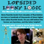 Caption: religion – Large black text: Lopsided Loony Logic – White text: The fluoride in saliva prevents cavities. – Black text: Bone fluoride levels from decades of fluoridation are tens or hundreds of thousands of times higher than saliva fluoride levels. Do you still believe the former are harmless, and the latter helpful? – White text: I desperately want to keep believing in fluoridationism, so I will.