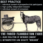Cart before horse. Text at top: BEST PRACTICE 1. individual consent of prospective trial participants 2. high quality, independent research 3. individual consent of consumers. Text at bottom: 1. THE FORCED FLUORIDATION FARCE 1. mass violation of informed consent 2. retrospective low quality "research"