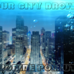 Cityscape with lots of skyscrapers, underwater, with some sunlight filtering down but not reaching street level. Text: Is your city drowning in fluoride pollution?