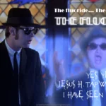 Caption: money and religion – Jake (John Belushi) in church scene in the film The Blues Brothers, with Elwood (Dan Ackroyd) looking on. Text at top: The fluoride… The fluoride… THE FLUORIDE – Text at bottom: YES YES JESUS H. TAPWATER CHRIST I HAVE SEEN THE LIGHT