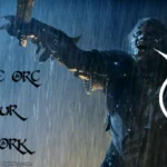 An orc standing in the rain, with sword raised, issuing a battle cry. On the left side, there is a pitchfork with a pale blue Elven glow around the prongs. Text: Get some orc on your pitchfork – Text in speech bubble: POISON THEM ALL
