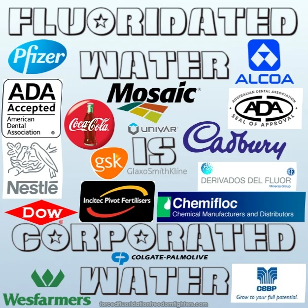 Logos of Pfizer, ALCOA, The American Dental Association, Coca-Cola, Mosaic, The Australian Dental Association, Nestlé, Glaxo Smith Kline, Univar, Cadbury, Derivados Del Fluor, Dow, Incitec Pivot Fertilisers, Chemifloc, Colgate-Palmolive, Wesfarmers, and CSBP. Text: Fluoridated water is corporated water