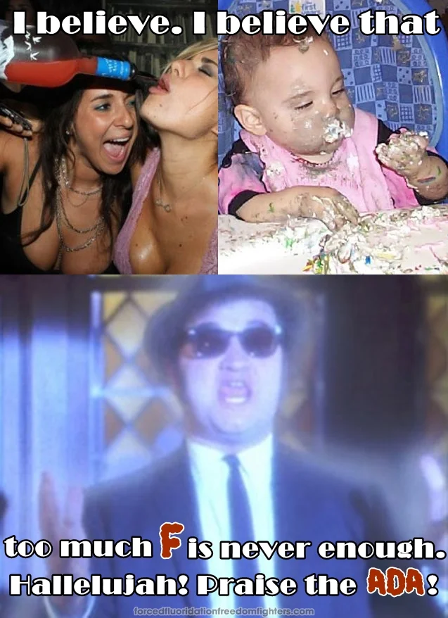 3 panels. Top left panel: 2 young women partying. One is holding a bottle of booze, and pouring it into the other's mouth. Top right: A baby eating a large cake. A mess has been made and the baby is looking at the cake in its hand like it has already had too much. Bottom: Jake from the movie The Blues Brothers, in the church. Text: I believe. I believe that too much F is never enough. Hallelujah! Praise the ADA!