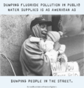 Black woman in obvious emotional distress. She is holding her baby, who is drinking from a bottle, and has a cardboard sign saying "Will you please help". Text: Dumping fluoride pollution in public water supplies is as American as dumping people in the street.