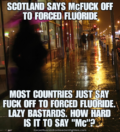 Rainy night in Edinburgh. Text at top: Scotland says McFuck off to forced fluoride – Text at bottom: Most countries just say fuck off to forced fluoride. Lazy bastards. How hard is it to say "Mc"?