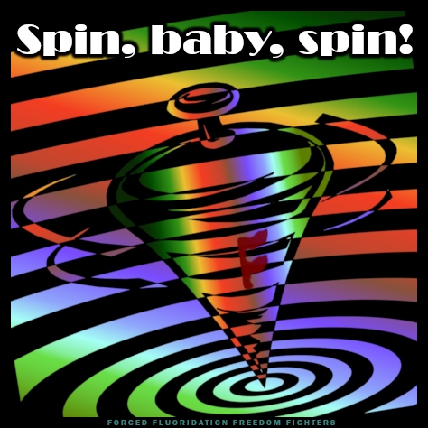 A stylised, colourful spinning top associated with casinos, with a brown letter F on it. Text at top: Spin, baby, spin!