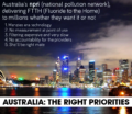 Sydney waterfront skyline at night. Text at top: Australia's npn (national pollution network), delivering FTTH (Fluoride to the Home) to millions whether they want it or not 1. Menzies era technology 2. No measurement at point of use 3. Filtering expensive and very slow 4. No accountability for the providers 5. She'll be right mate – Text at bottom (black on white background): AUSTRALIA: THE RIGHT PRIORITIES
