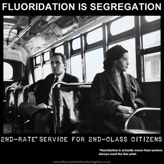 Rosa Parks sitting on the bus. Text at top: Fluoridation is segregation – Text at bottom: 2nd-rate* service for 2nd-class citizens – Text at bottom right: *Fluoridation is actually worse than useless. Always read the fine print.